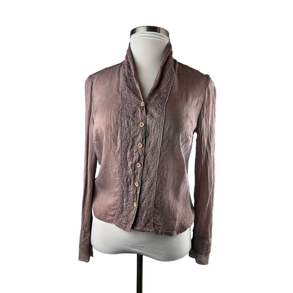 Johnny Was Embroidered Button Blouse Boho Crinkle Cotton Rayon Top Mauve Small - Picture 6 of 12